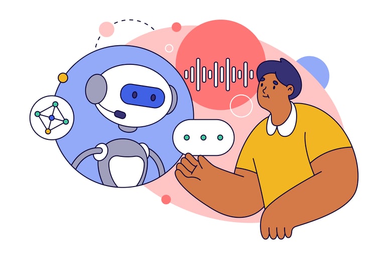 Illustration of a person interacting with a friendly robot. The robot, displayed in a blue circle, has a white body and a headset, while the person, wearing a yellow shirt, gestures towards it. Behind them, colourful abstract shapes, including sound waves and network symbols, are visible.