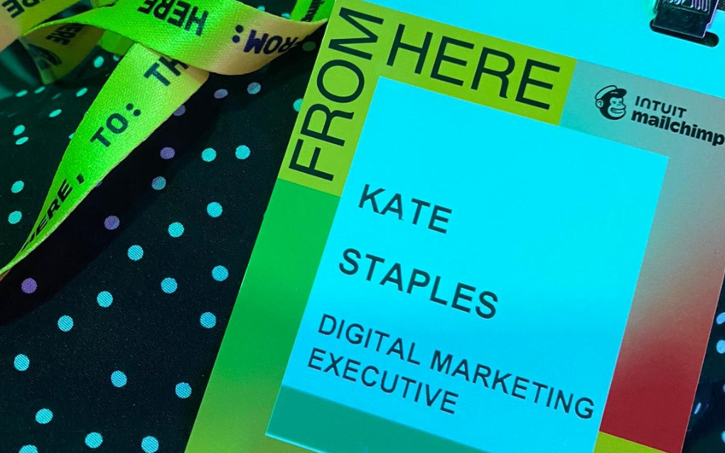Kate Staples Mailchimp conference badge.