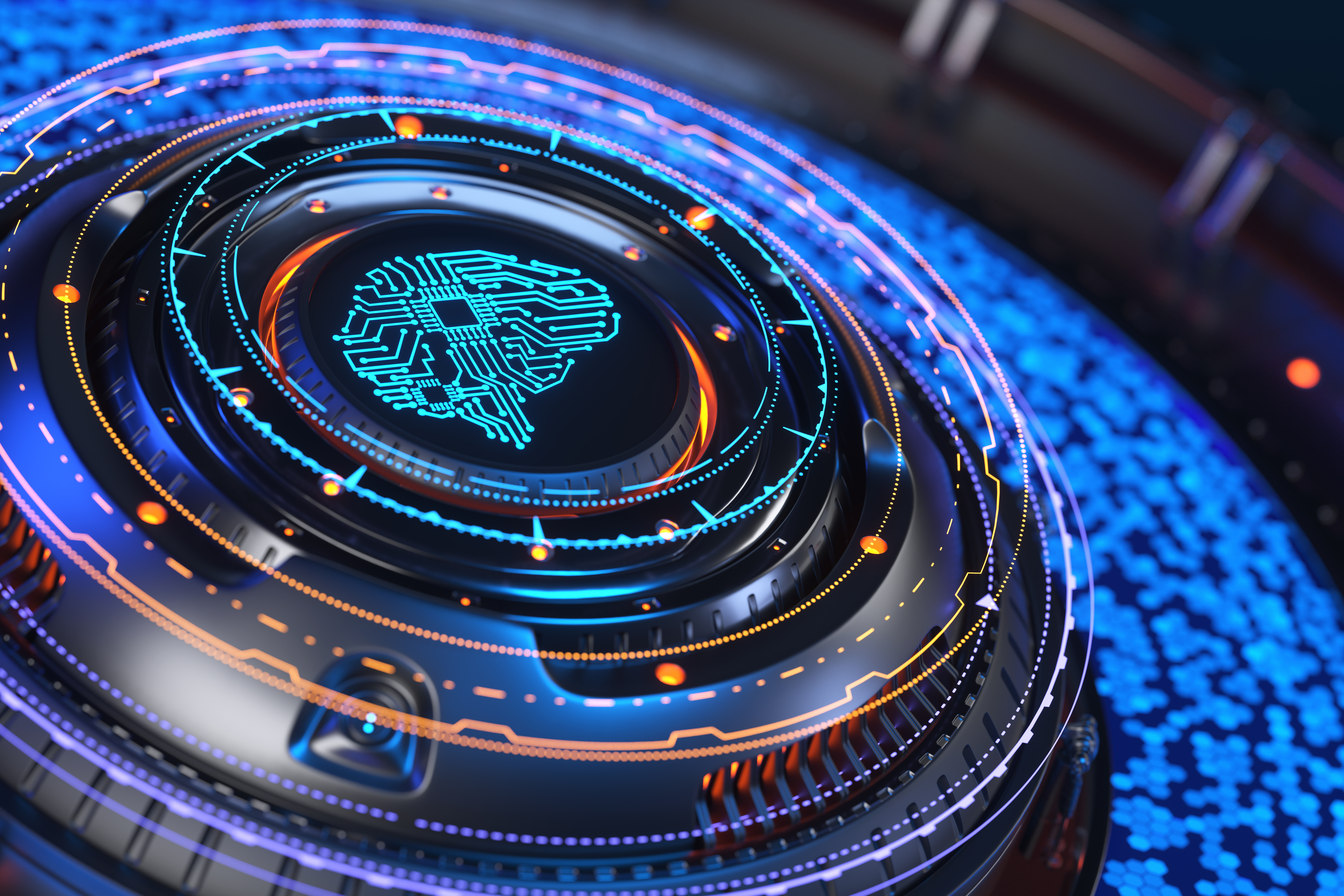 A futuristic, digitally rendered illustration of a high-tech circular interface with glowing blue and orange lights. At the centre, a neural network-like circuit pattern is displayed, resembling an artificial intelligence (AI) chip. The design includes intricate concentric rings, illuminated pathways, and data-like elements, giving a sense of advanced technology and innovation.