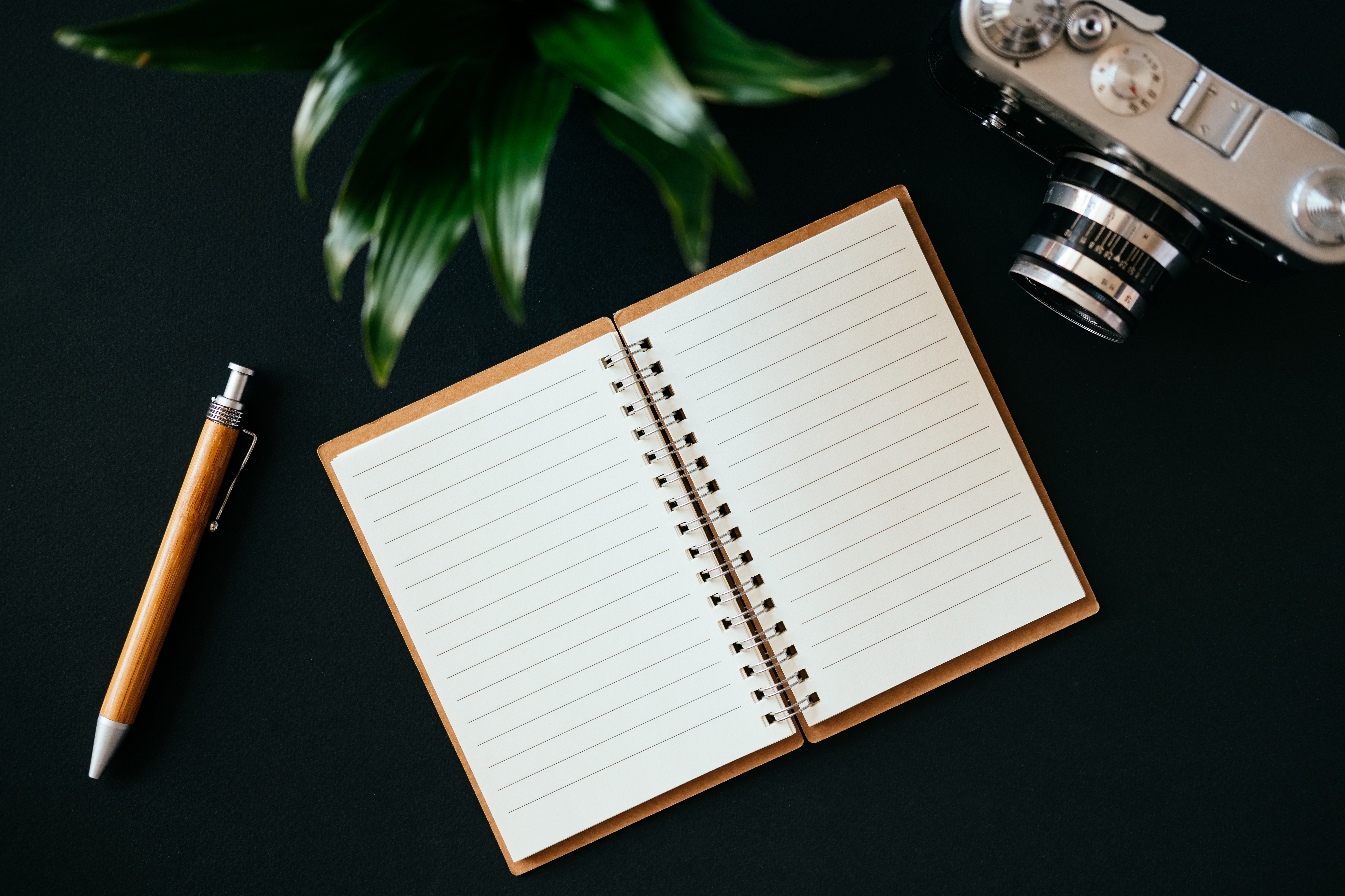 A flat lay photograph featuring an open spiral-bound notebook with lined pages, a wooden ballpoint pen, a vintage silver camera, and a green leafy plant, all arranged on a dark surface.